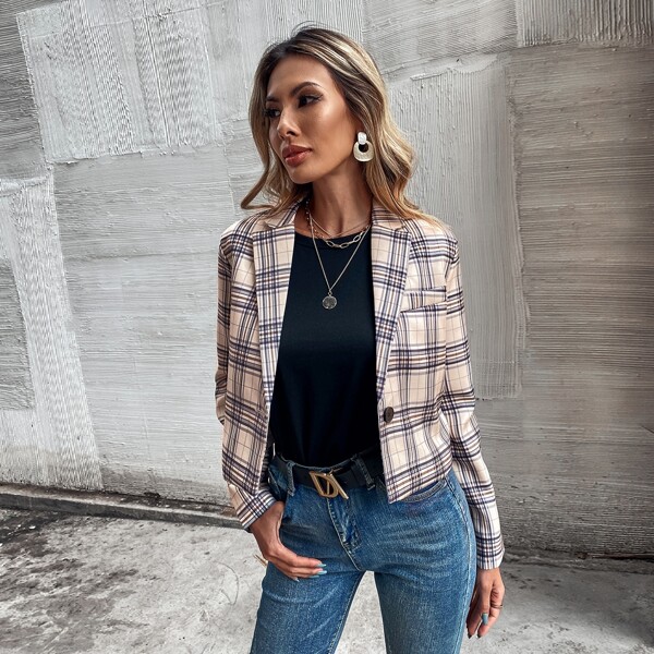 

Single Button Plaid Crop Blazer, Multicolor