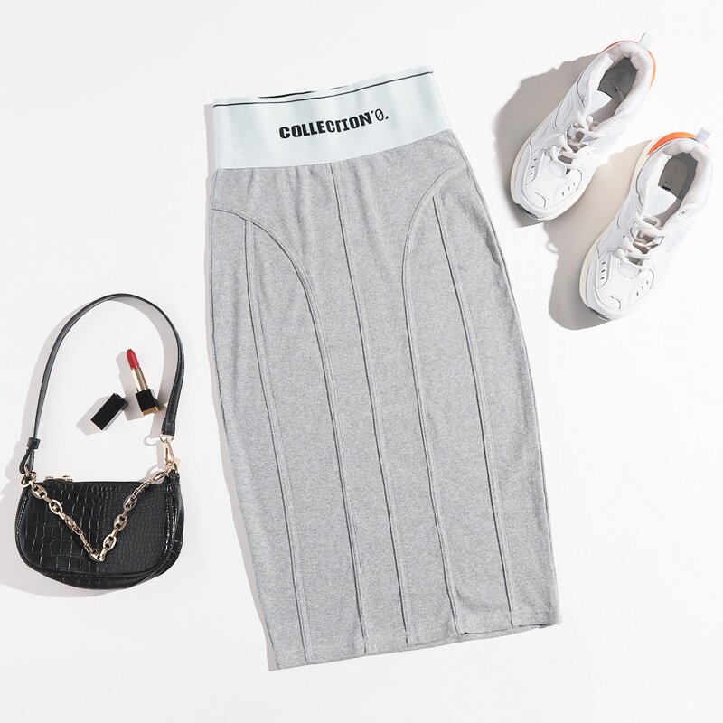 

Contrast Letter Pattern Wide Waistband Pencil Skirt, Light grey