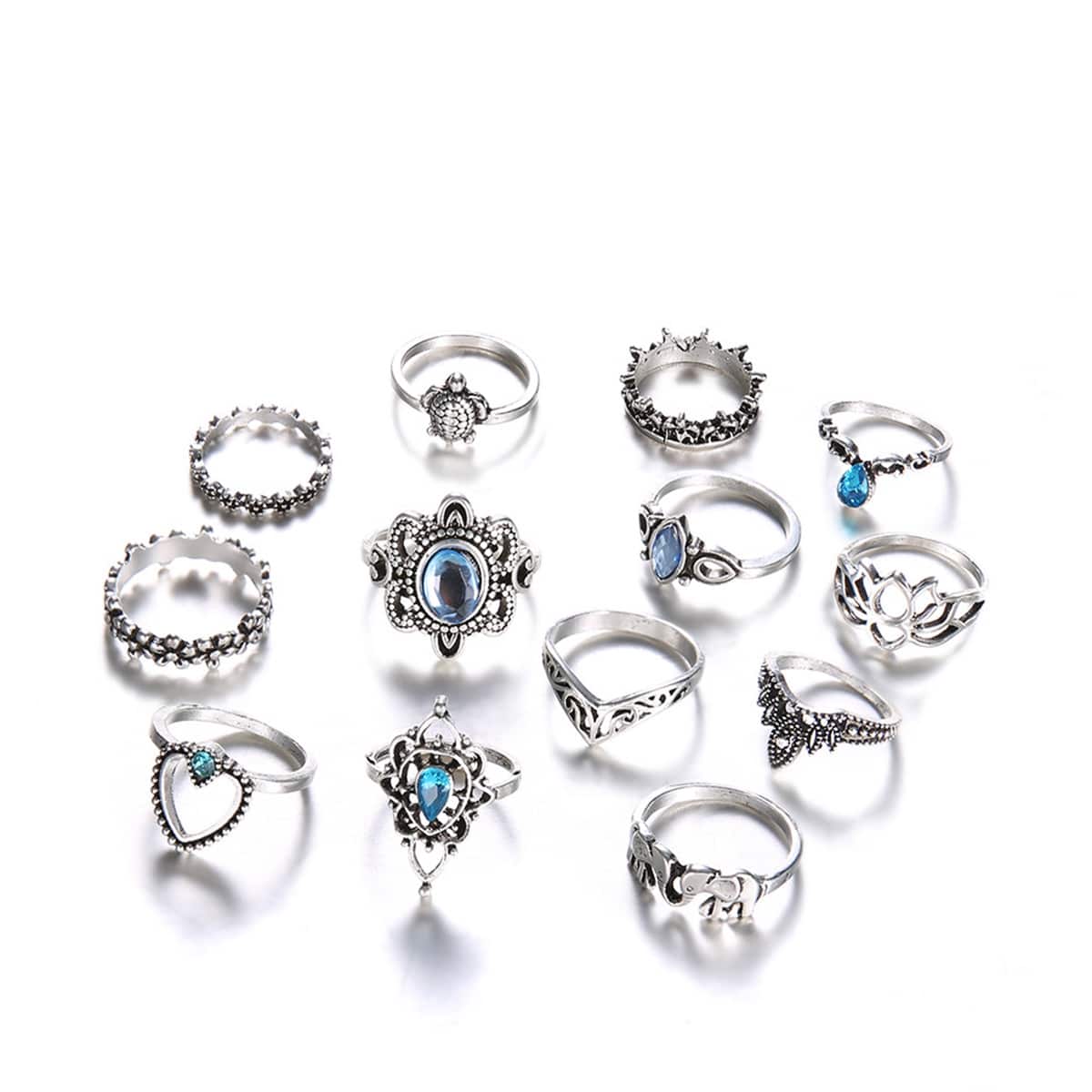 

13pcs Flower Rhinestone Ring, Antique silver