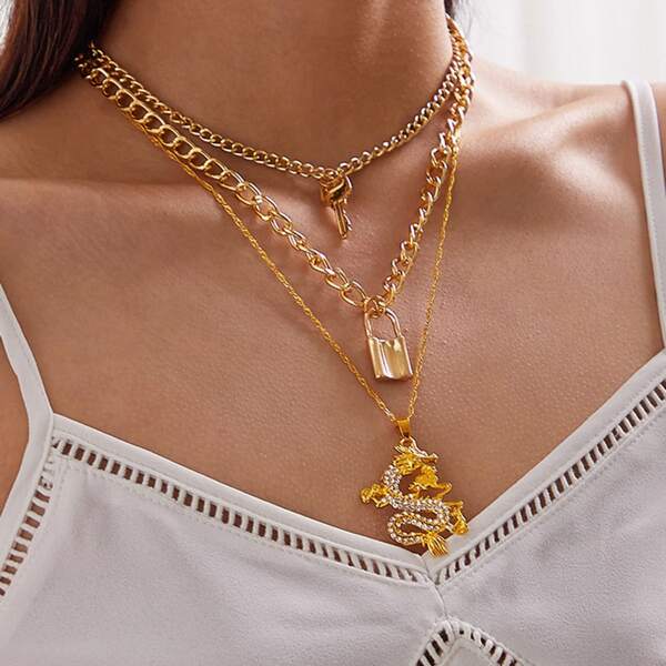 

2pcs Chinese Dragon & Lock Charm Necklace, Gold