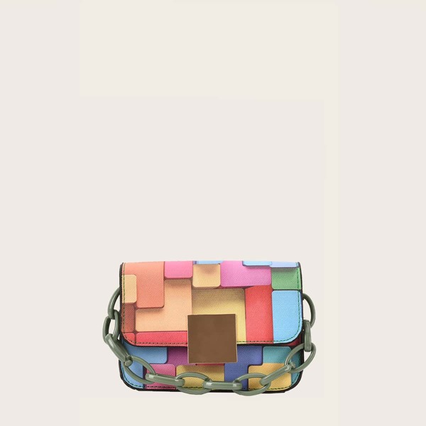 

Chain Decor Colorblock Square Bag, Multicolor