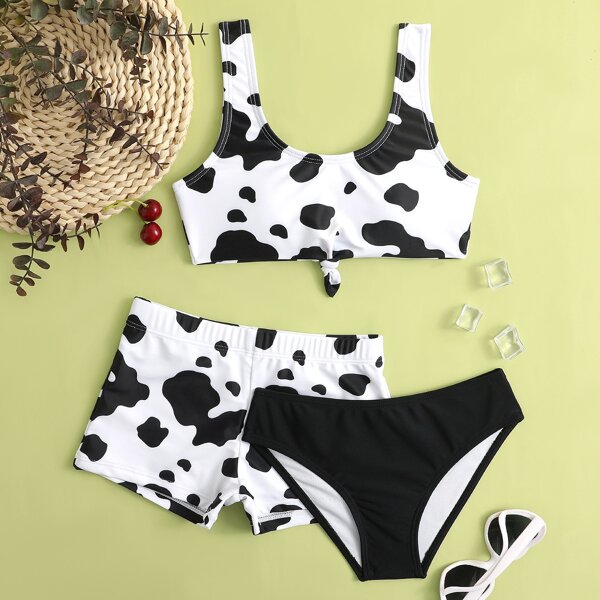 

3pack Girls Cow Print Bikini Swimsuit & Cover Up, Black and white
