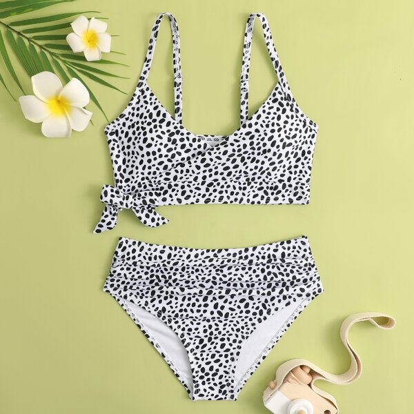 

Girls Random Dalmatian Knot Bikini Swimsuit, Black and white