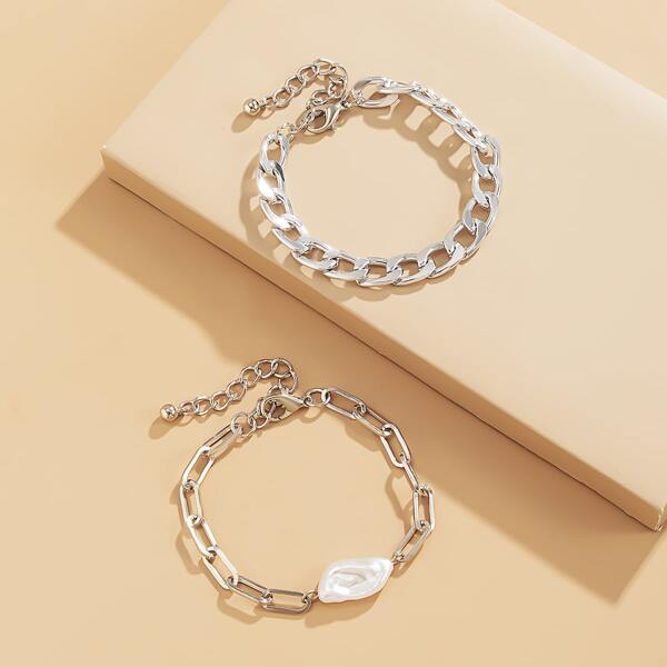 

2pcs Faux Pearl Decor Chain Bracelet, Silver