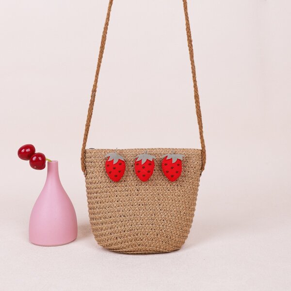 

Girls Strawberry Decor Straw Bag, Khaki