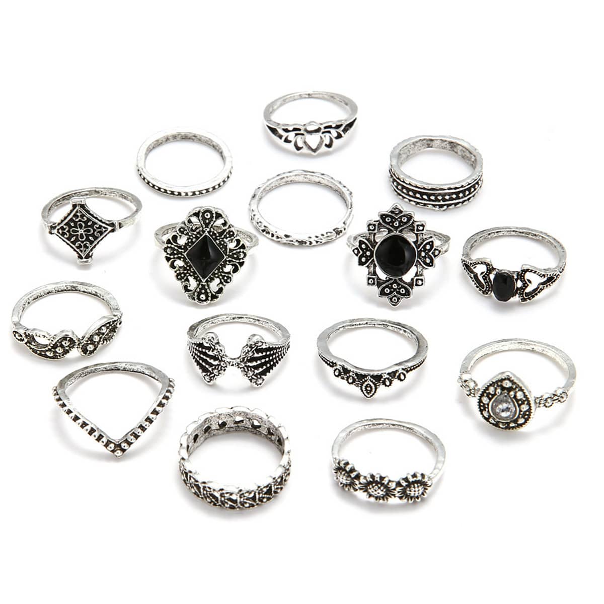 

15pcs Rhinestone Ring Set, Antique silver