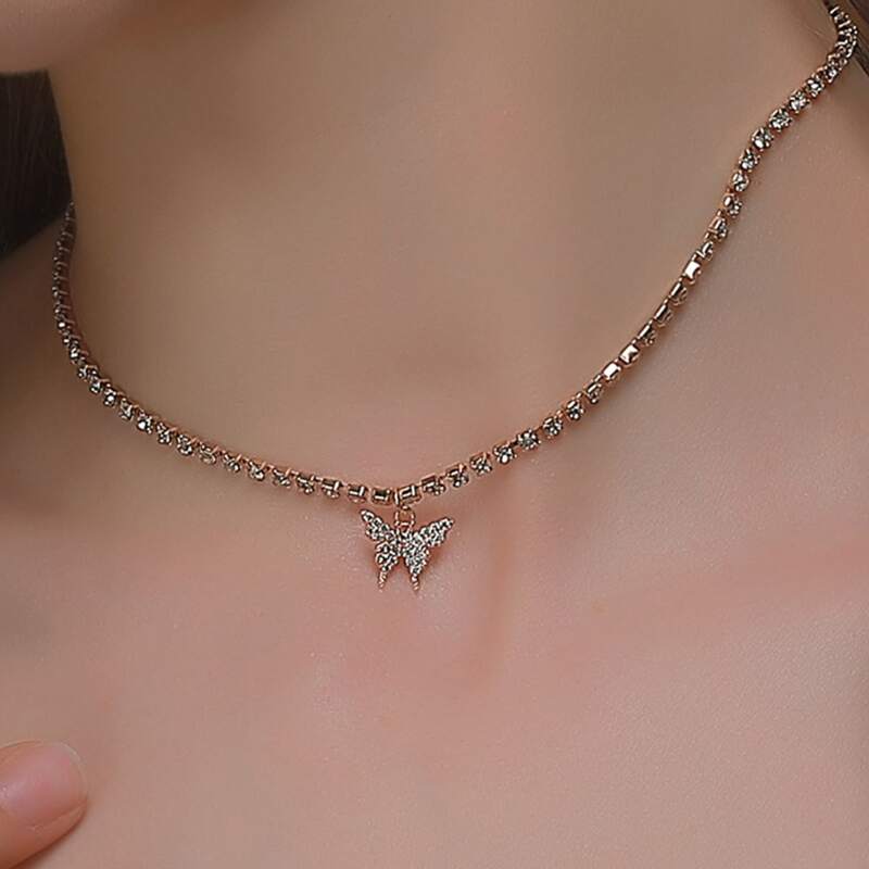 

Butterfly Rhinestone Pendant Necklace, Gold