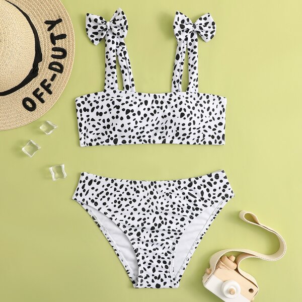 

Girls Random Dalmatian Print Bikini Swimsuit, Black and white
