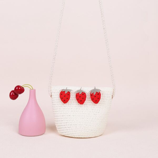 

Girls Strawberry Decor Straw Bag, White