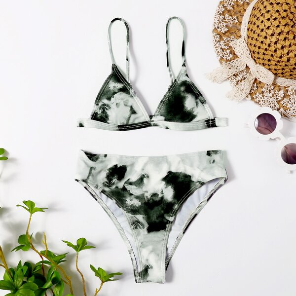 

Girls Tie Dye Triangle Bikini Swimsuit, Black and white