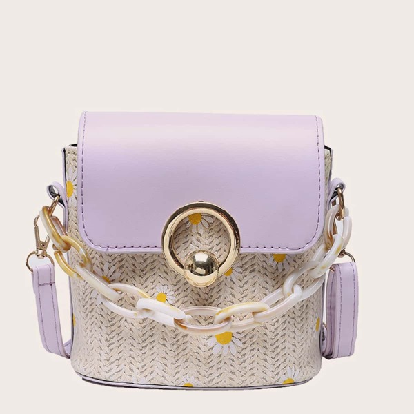 

Daisy Pattern Woven Bucket Bag, Purple