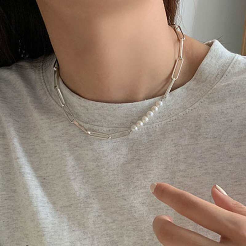 

Faux Pearl Chain Necklace, Silver