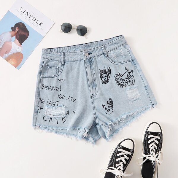 

Plus Letter & Graphic Print Ripped Raw Hem Denim Shorts, Light wash
