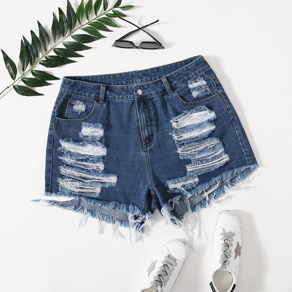 

Plus Ripped Raw Hem Denim Shorts, Dark wash