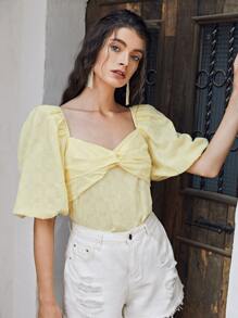 SHEIN 泡泡袖扭結胸素色上衣 - 黃色 - 查看 1