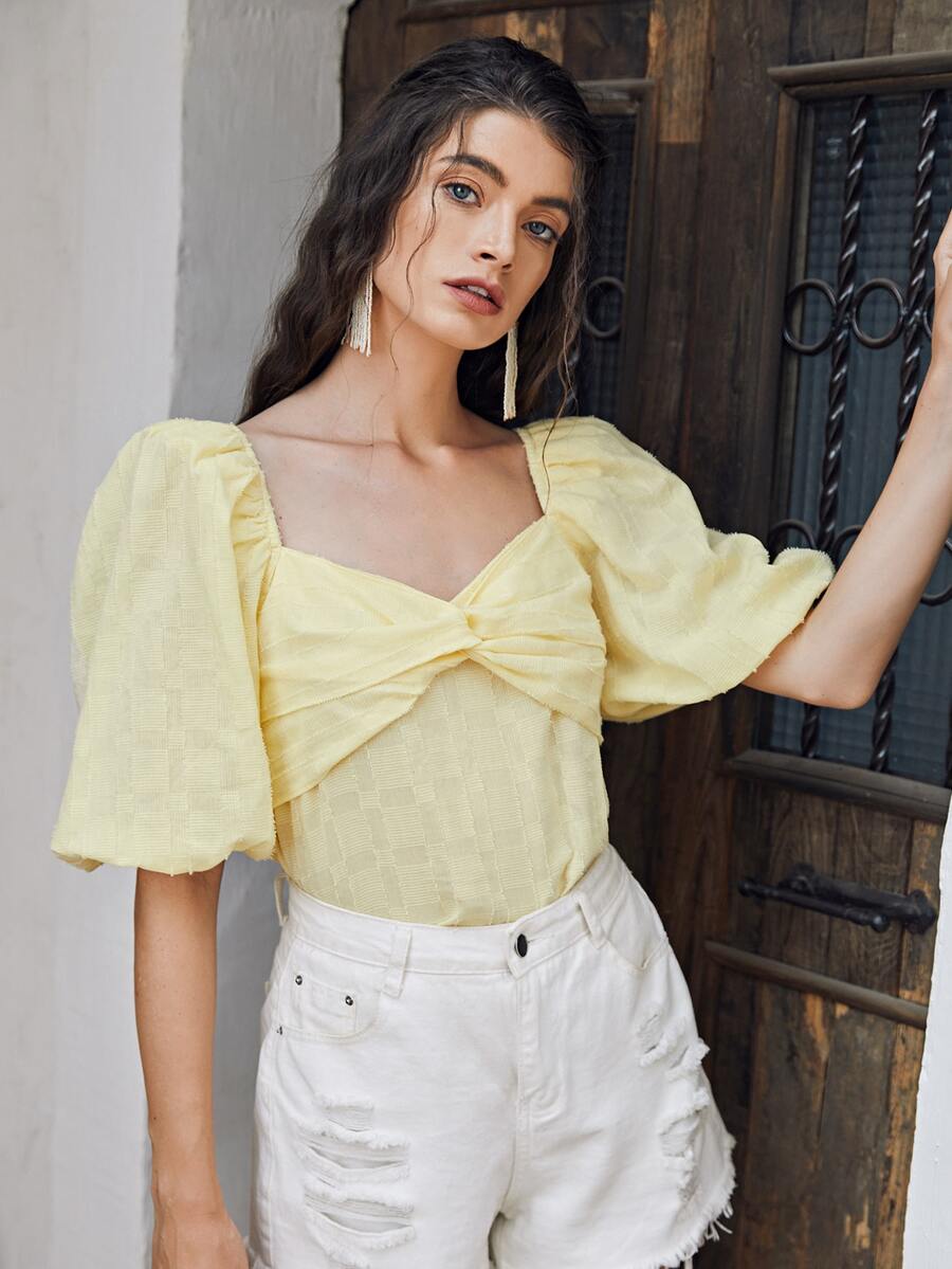 SHEIN 泡泡袖扭結胸素色上衣 - 黃色 - 查看 1