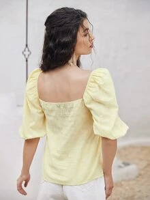 SHEIN 泡泡袖扭結胸素色上衣 - 黃色 - 查看 2