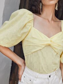 SHEIN 泡泡袖扭結胸素色上衣 - 黃色 - 查看 3