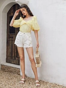 SHEIN 泡泡袖扭結胸素色上衣 - 黃色 - 查看 4