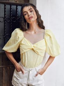 SHEIN 泡泡袖扭結胸素色上衣 - 黃色 - 查看 5