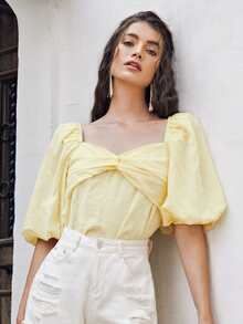 SHEIN 泡泡袖扭結胸素色上衣 - 黃色 - 查看 6