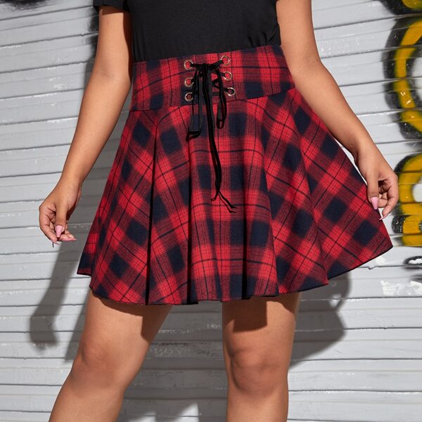 

Plus Lace Up Waist Plaid Skirt, Burgundy