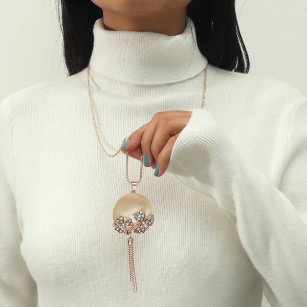 

Rhinestone Decor Metal Tassel Charm Necklace, Rose gold