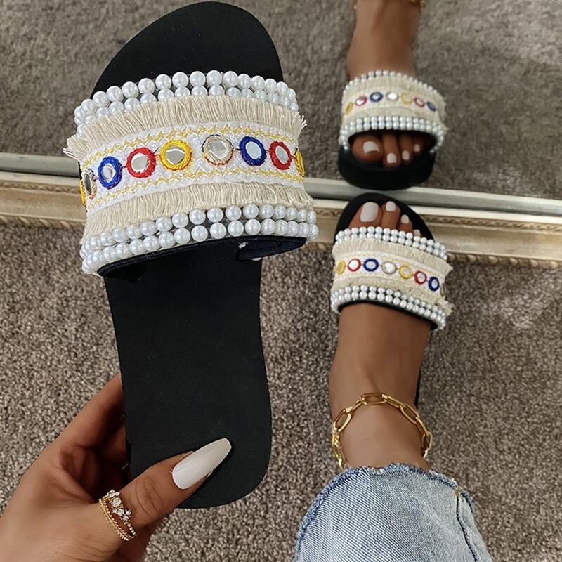 

Faux Pearl & Tassel Trim Slides, Beige