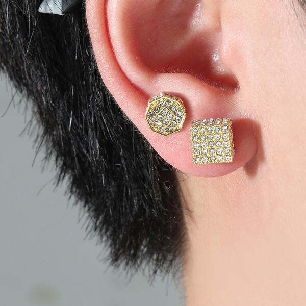 

2pairs Men Rhinestone Decor Geometric Stud Earrings, Gold
