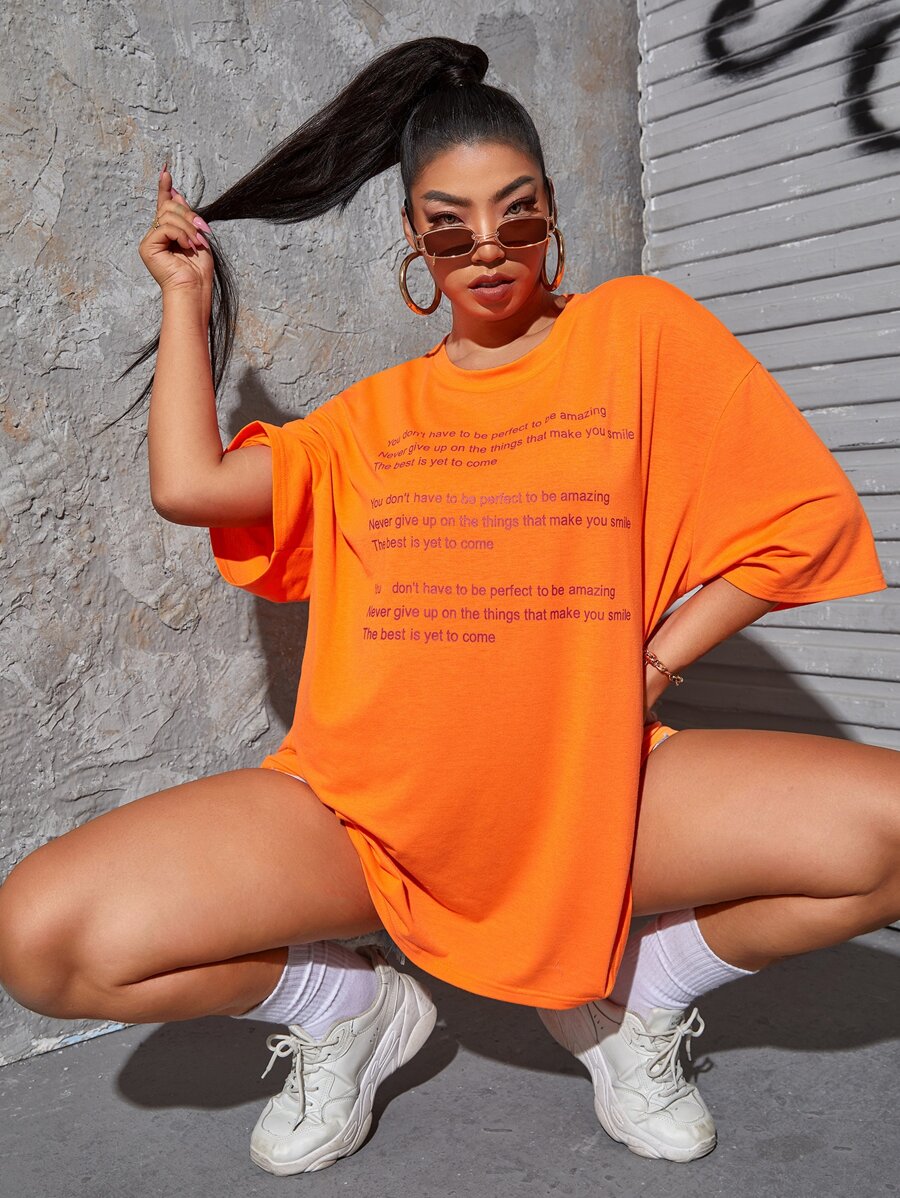 SHEIN Coolane Áo thun in hình khẩu hiệu cỡ lớn - trái cam - Xem 1