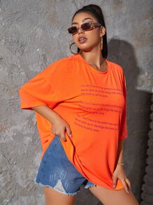 SHEIN Coolane Áo thun in hình khẩu hiệu cỡ lớn - trái cam - Xem 5