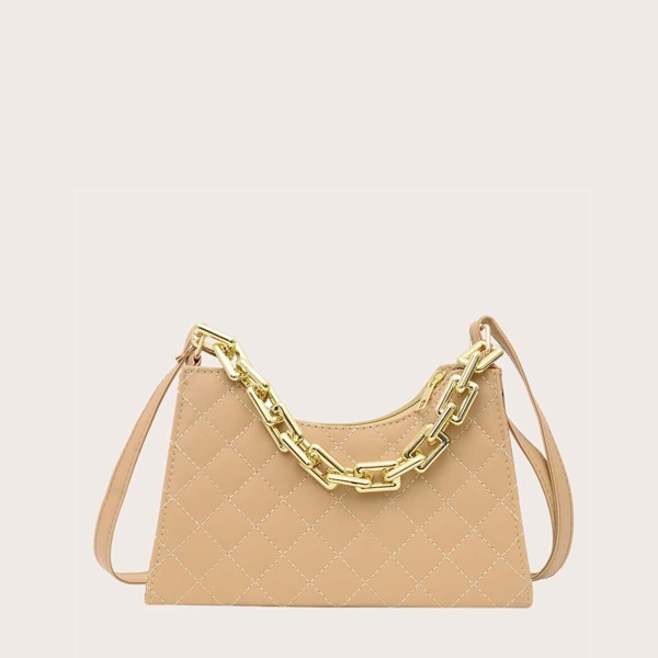 

Quilted Chain Satchel Bag, Khaki