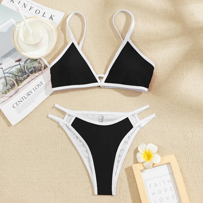 

Contrast Binding Cut-out Bikini Swimsuit, Black