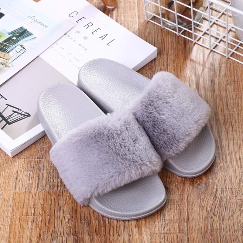 

Solid Fluffy Band Slides, Grey