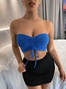 SHEIN SXY Solid Drawstring Front Tube Top - Royal Blue - View 4