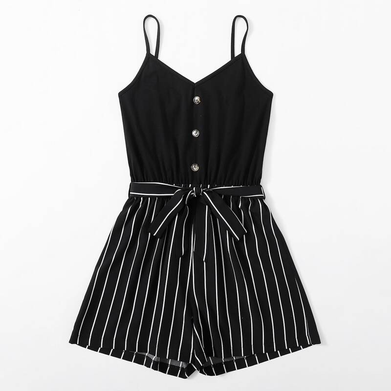 

Striped Button Belted Romper, Black and white