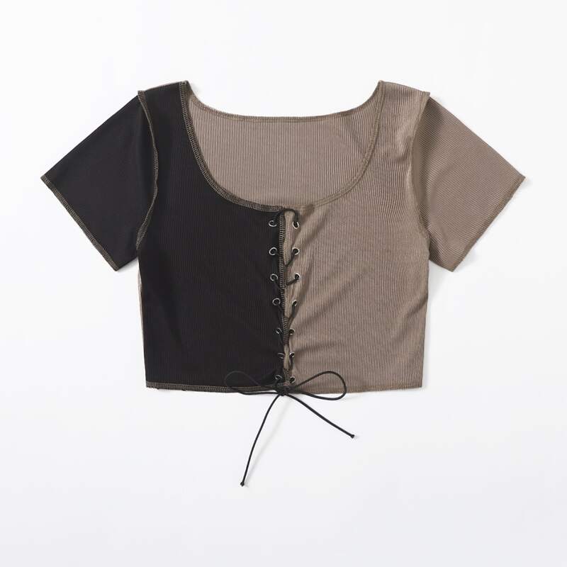

Stitching Lace Up Ribbed Crop Tee, Multicolor