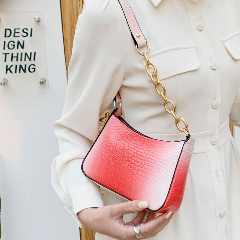 

Croc Embossed Chain Baguette Bag, Red and white