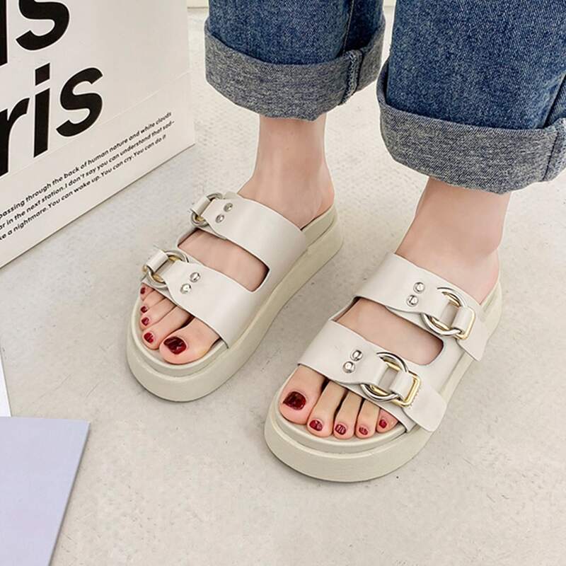 

Buckle Strap Flatform Mules, Beige