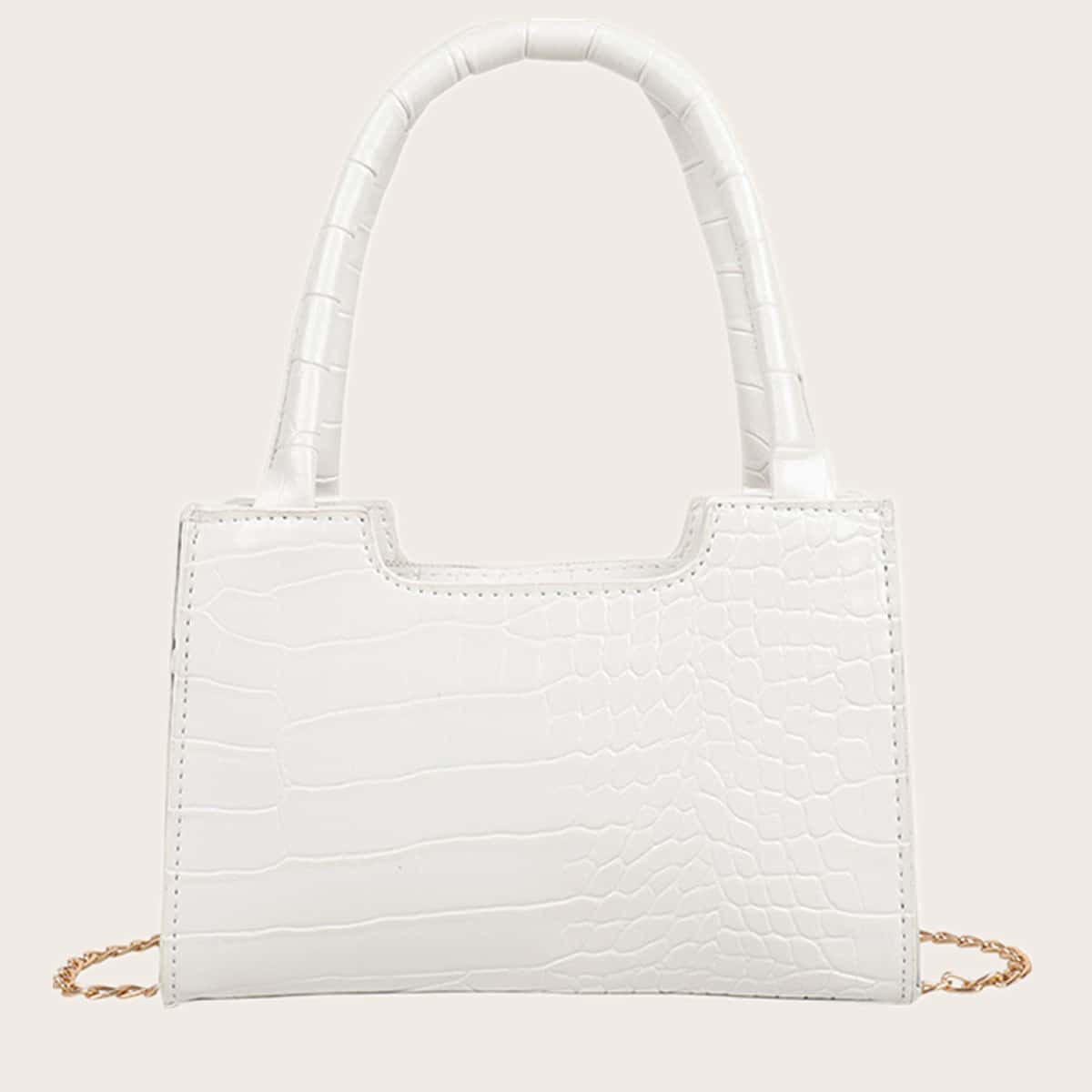 

Croc Embossed Chain Satchel Bag, White