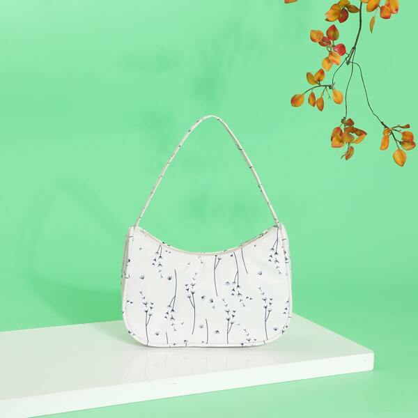 

Plant Graphic Zip-Up Baguette Bag, White
