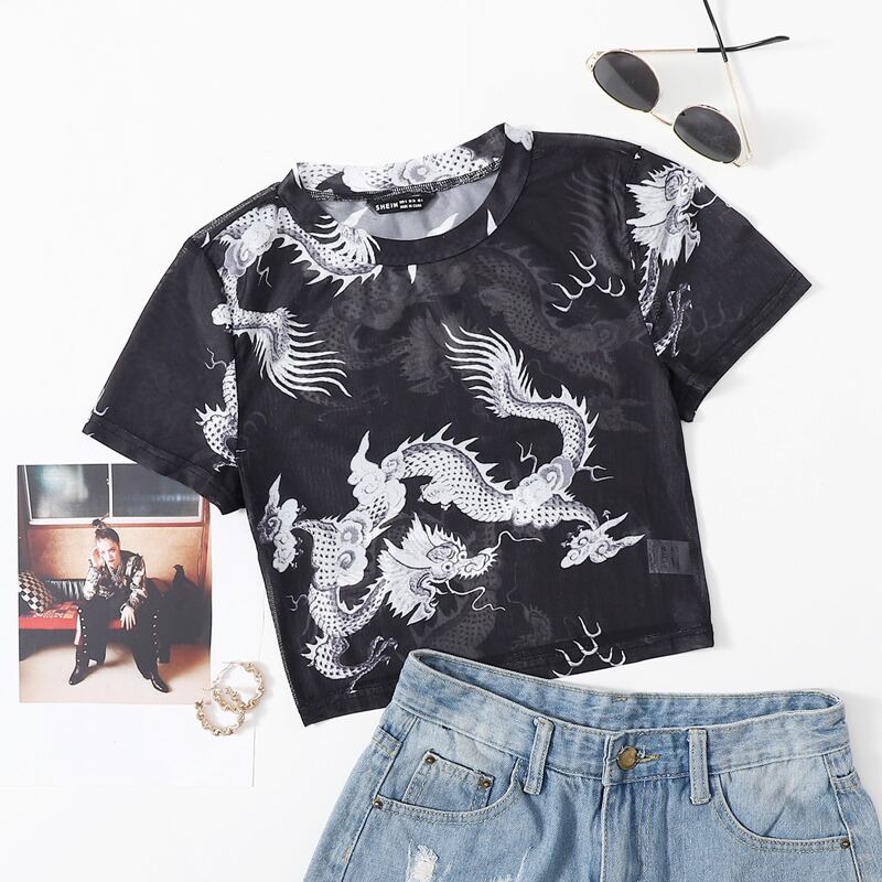 

Chinese Dragon Print Sheer Mesh Top, Black