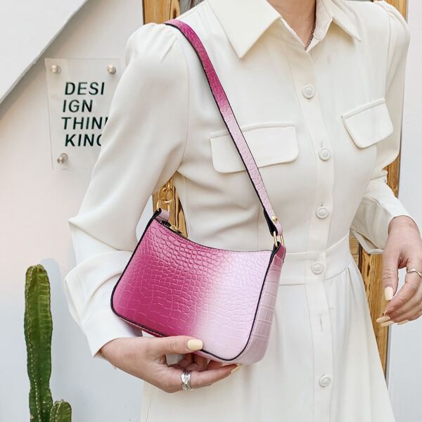

Croc Embossed Chain Baguette Bag, Hot pink