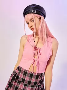 ROMWE Top Sin Mangas De Canalé Con Lazo Delantero Liso - Rosa - Ver 3