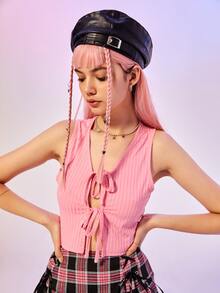 ROMWE Top Sin Mangas De Canalé Con Lazo Delantero Liso - Rosa - Ver 4