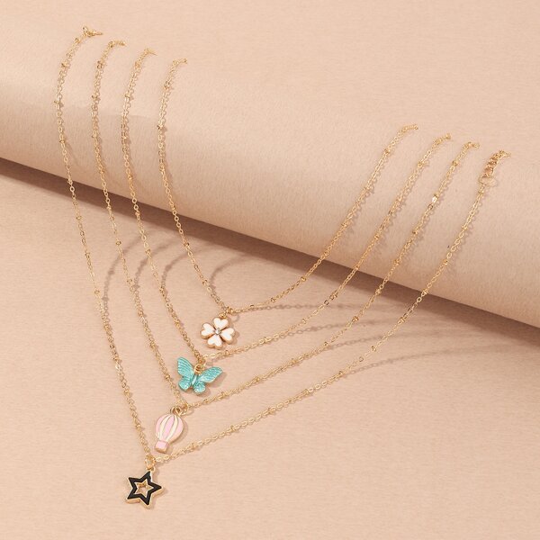 

4pcs Girls Butterfly & Star Charm Necklace, Multicolor
