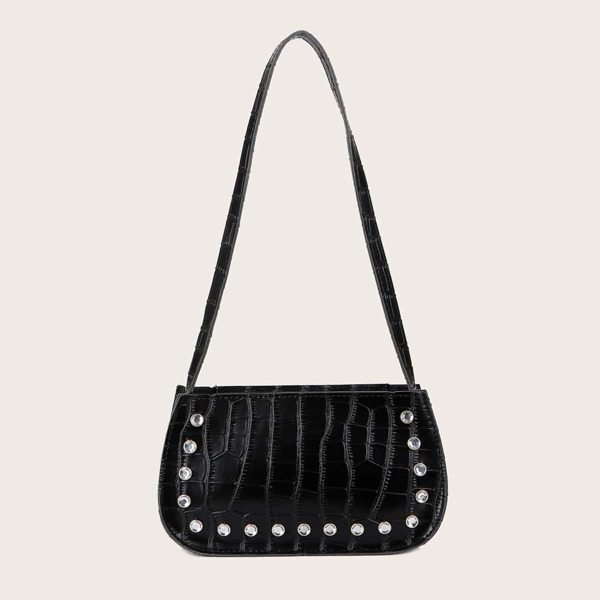 

Rhinestone Decor Croc Embossed Baguette Bag, Black
