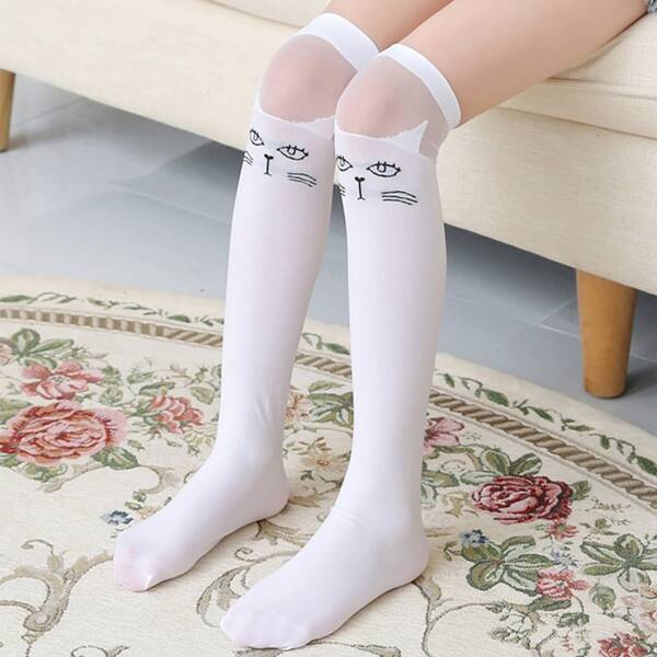 

Girls Cartoon Graphic Over The Knee Socks, White