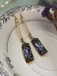 1 par de pendientes largos Vintage de bronce antiguo con cristal azul - Multicolor - Ver 2