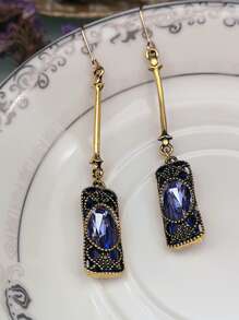 1 par de pendientes largos Vintage de bronce antiguo con cristal azul - Multicolor - Ver 3